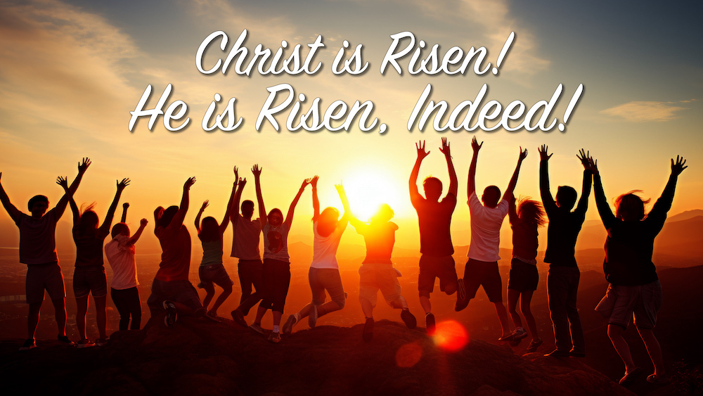 People jumping. Text: Christ is Risen! He is Risen, Indeed!