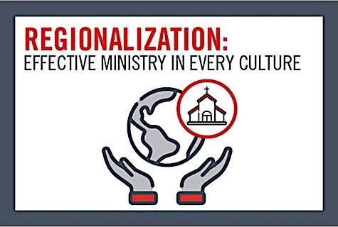Regionalization graphic with globe and hands