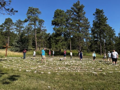 People walking labyrinth